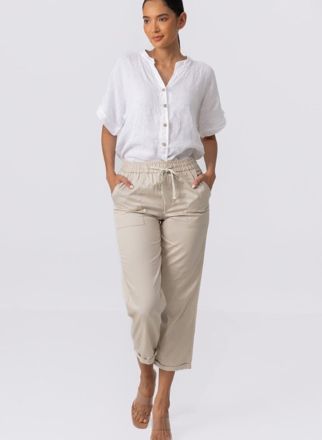 Casual High-Waisted Drawstring Cargo Pants - Khaki