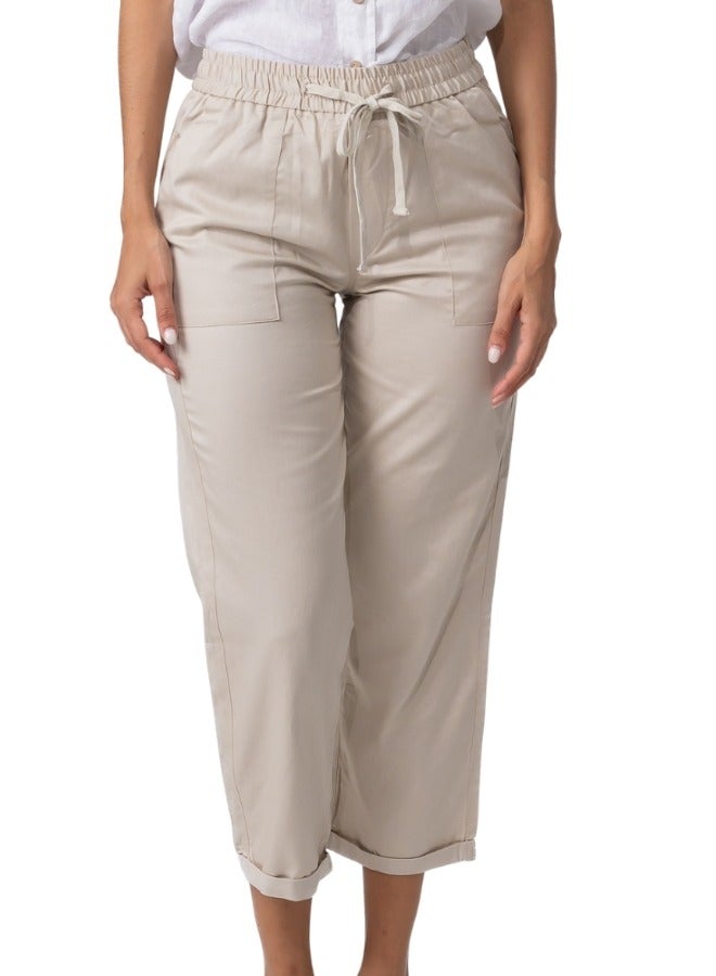 Casual High-Waisted Drawstring Cargo Pants - Khaki