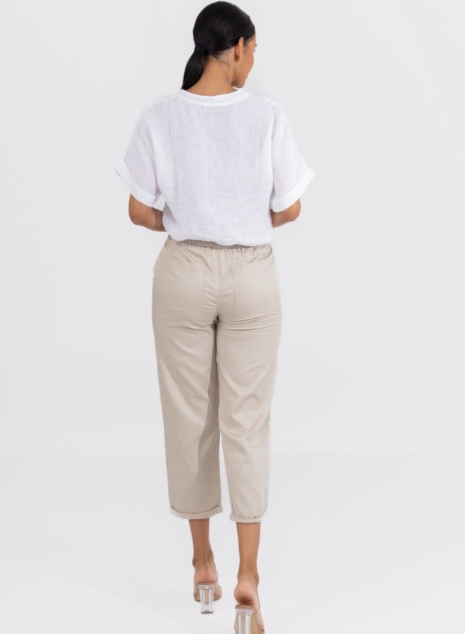 Casual High-Waisted Drawstring Cargo Pants - Khaki