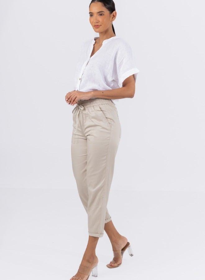 Casual High-Waisted Drawstring Cargo Pants - Khaki