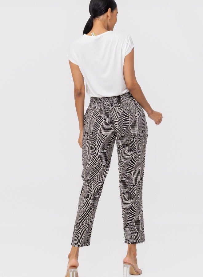 Geometric Print Elastic Waist Ankle Pants - Black and White