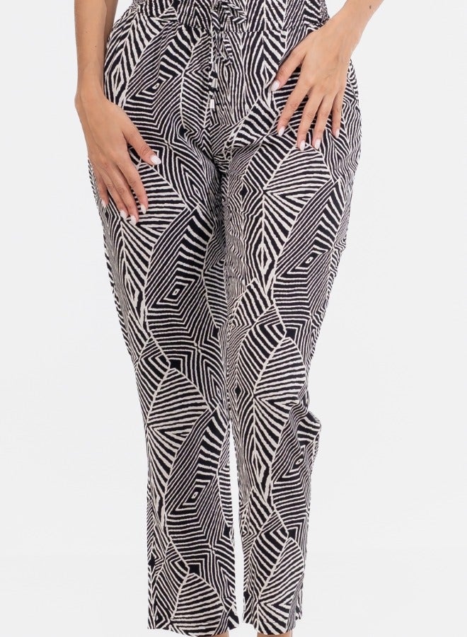 Geometric Print Elastic Waist Ankle Pants - Black and White