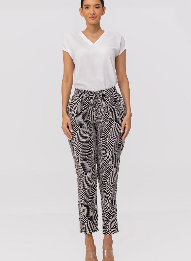 Geometric Print Elastic Waist Ankle Pants - Black and White
