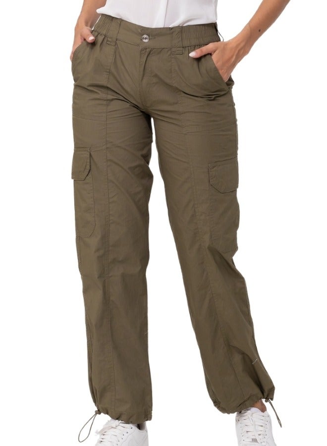 Utility Cargo Pants with Elastic Waist and Drawstring Hem - Olive Green