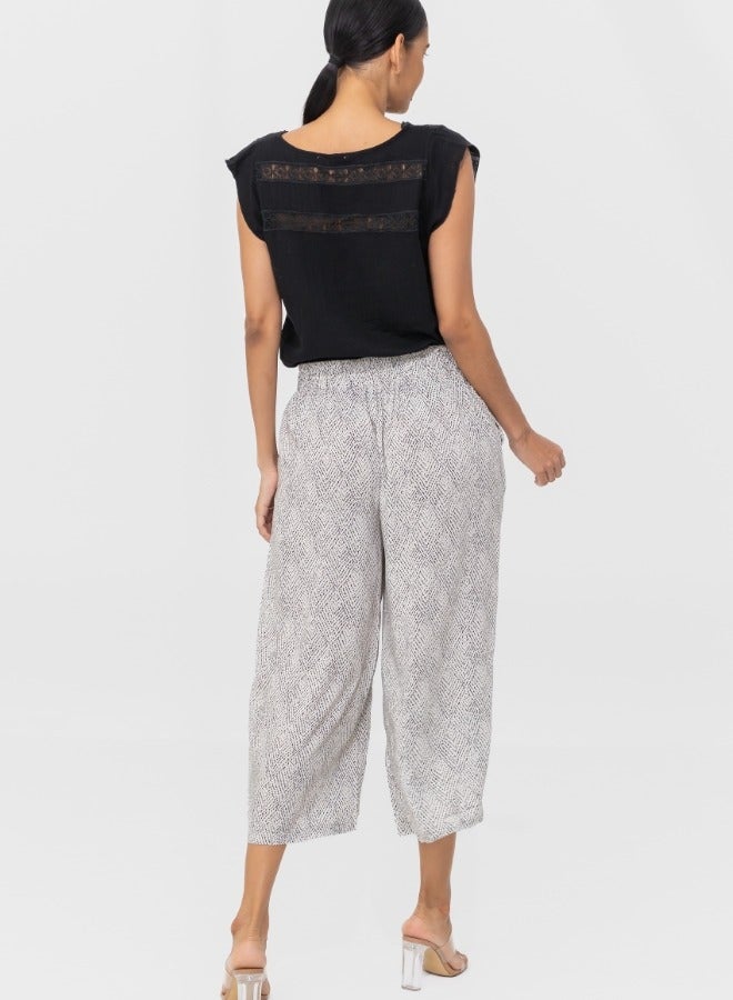 High-Waisted Wide Leg Cropped Pants - Black and White Print