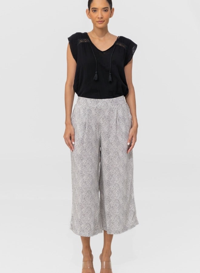 High-Waisted Wide Leg Cropped Pants - Black and White Print