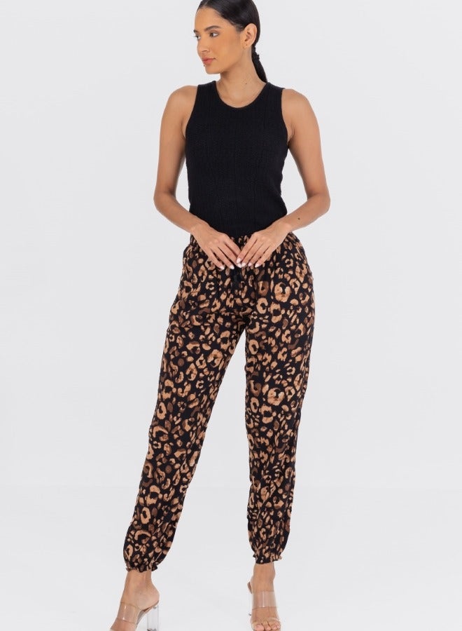 Leopard Print Drawstring Jogger Pants - Black and Brown