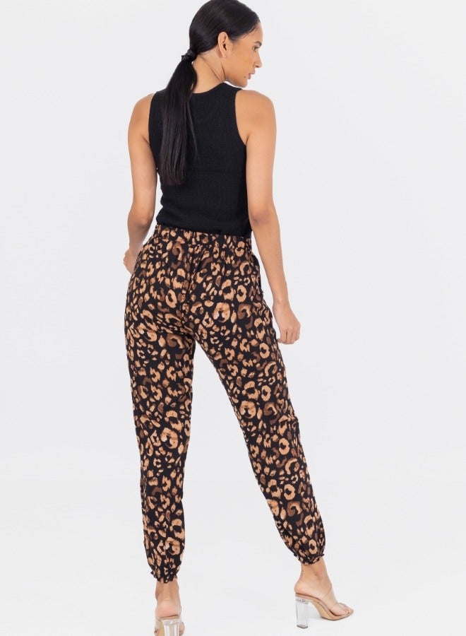 Leopard Print Drawstring Jogger Pants - Black and Brown