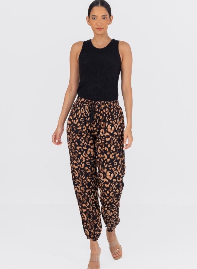 Leopard Print Drawstring Jogger Pants - Black and Brown