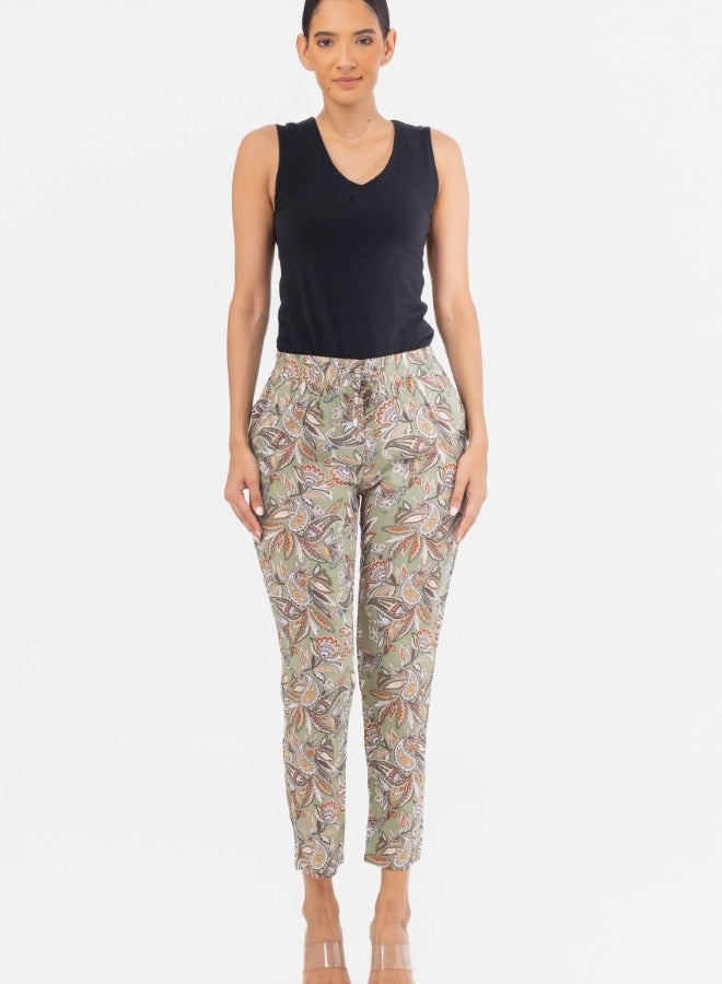 Paisley Print Elastic Waist Ankle Pants - Olive Green