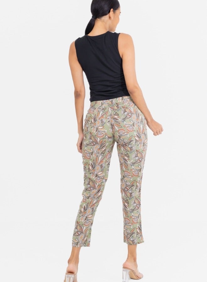 Paisley Print Elastic Waist Ankle Pants - Olive Green