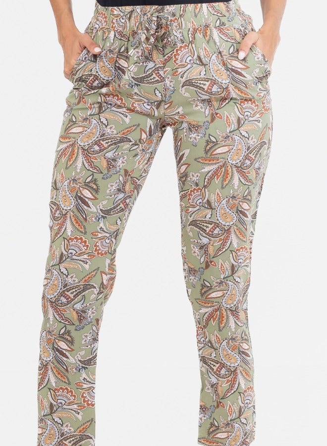 Paisley Print Elastic Waist Ankle Pants - Olive Green