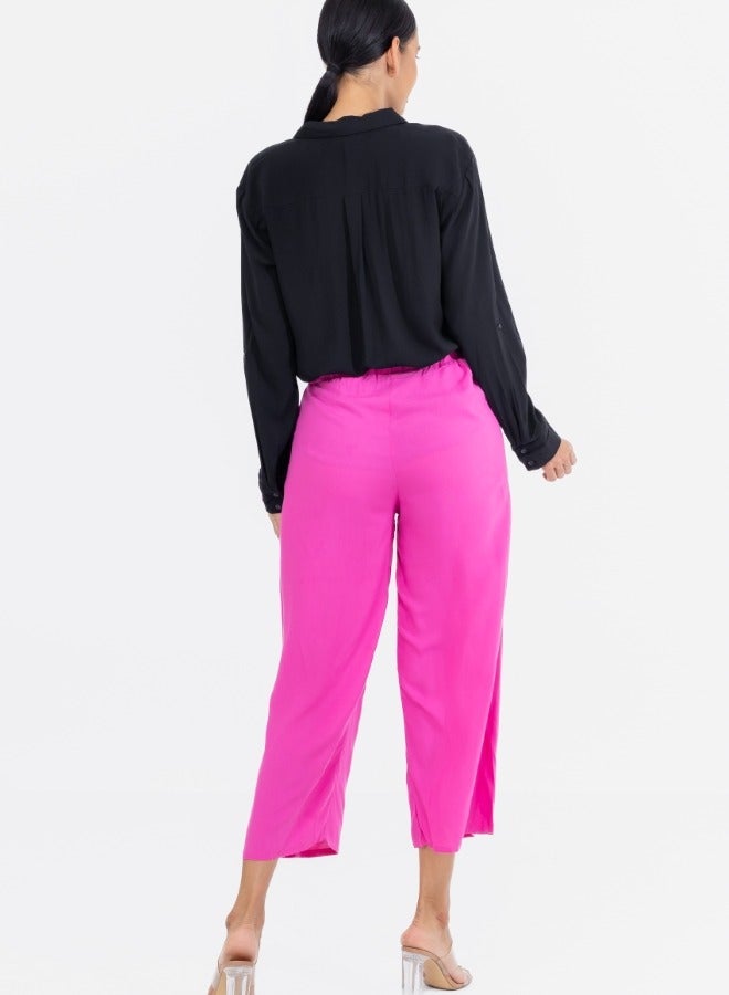 High-Waisted Wide Leg Tie-Front Culotte Pants - Hot Pink