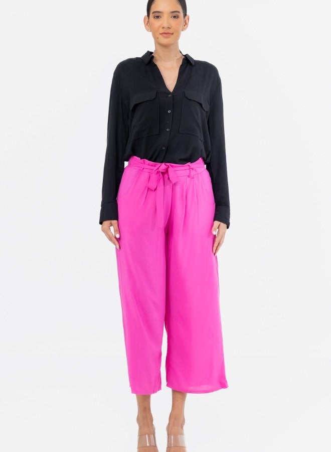 High-Waisted Wide Leg Tie-Front Culotte Pants - Hot Pink