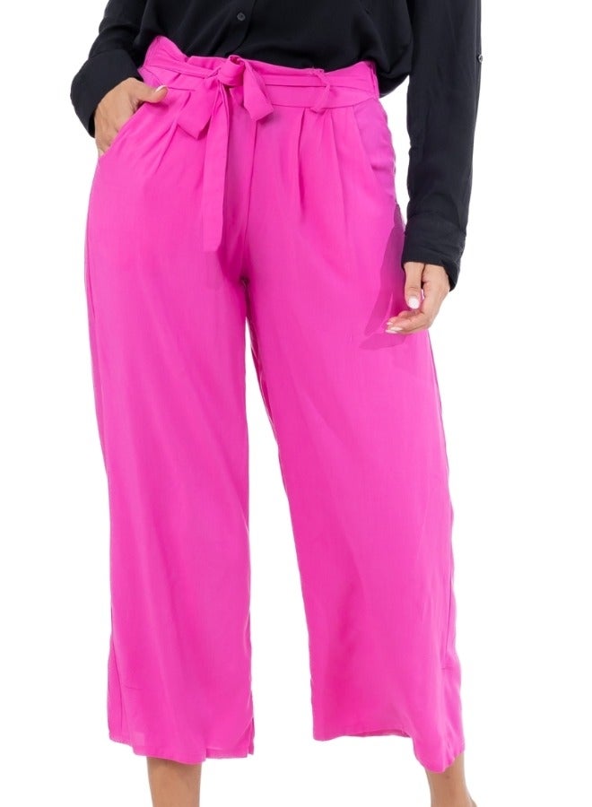 High-Waisted Wide Leg Tie-Front Culotte Pants - Hot Pink