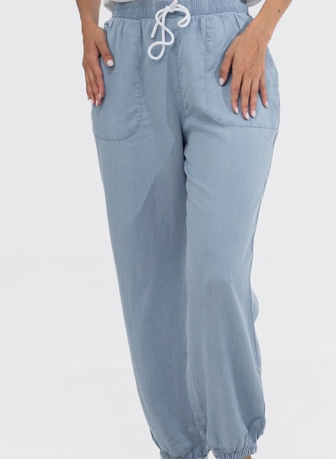 Casual High-Waisted Drawstring Jogger Pants - Light Blue