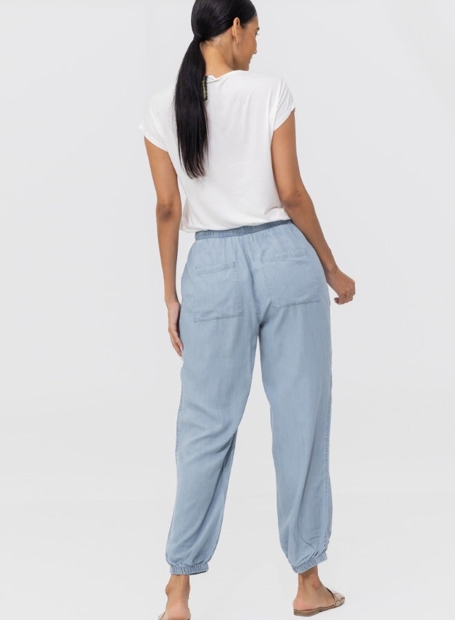 Casual High-Waisted Drawstring Jogger Pants - Light Blue