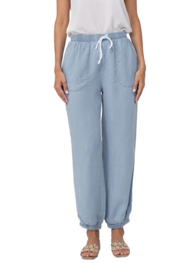 Casual High-Waisted Drawstring Jogger Pants - Light Blue