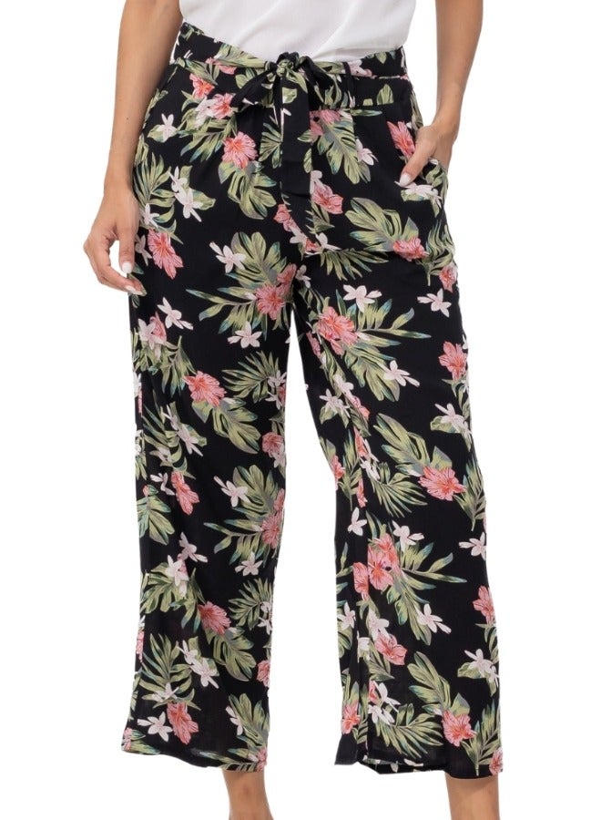 Floral Print High-Waisted Wide Leg Tie-Front Culotte Pants