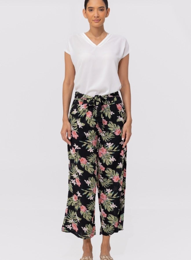 Floral Print High-Waisted Wide Leg Tie-Front Culotte Pants