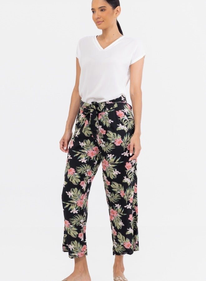Floral Print High-Waisted Wide Leg Tie-Front Culotte Pants