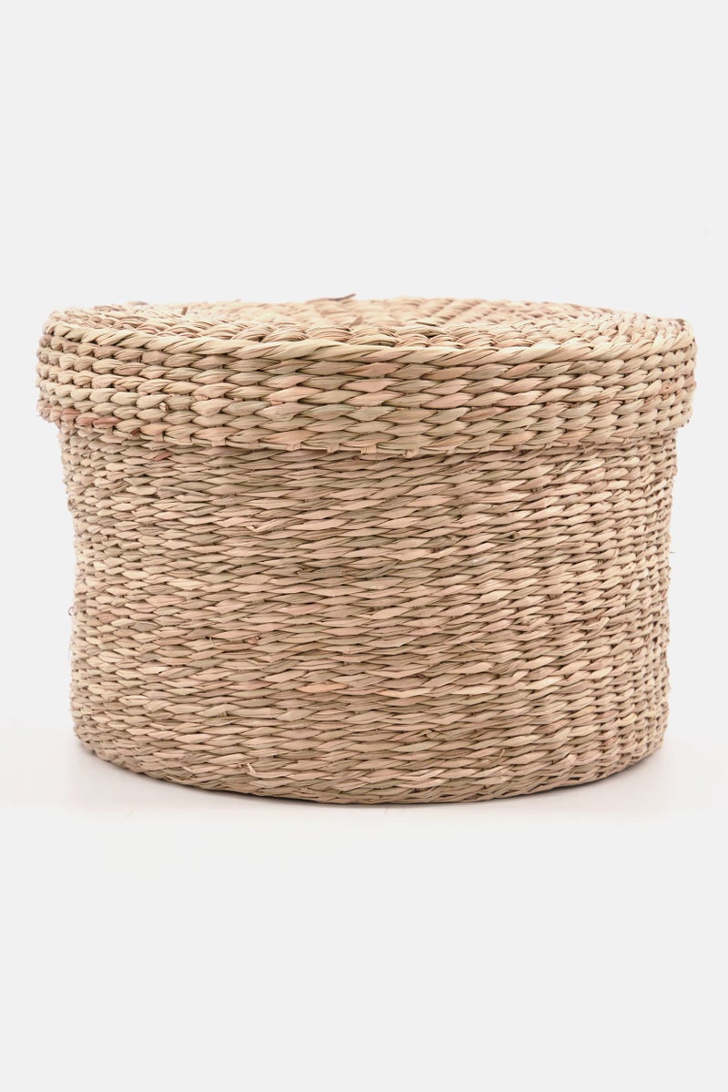 Round Storage Basket With Lid 16  H x 22 Dia cm, Natural