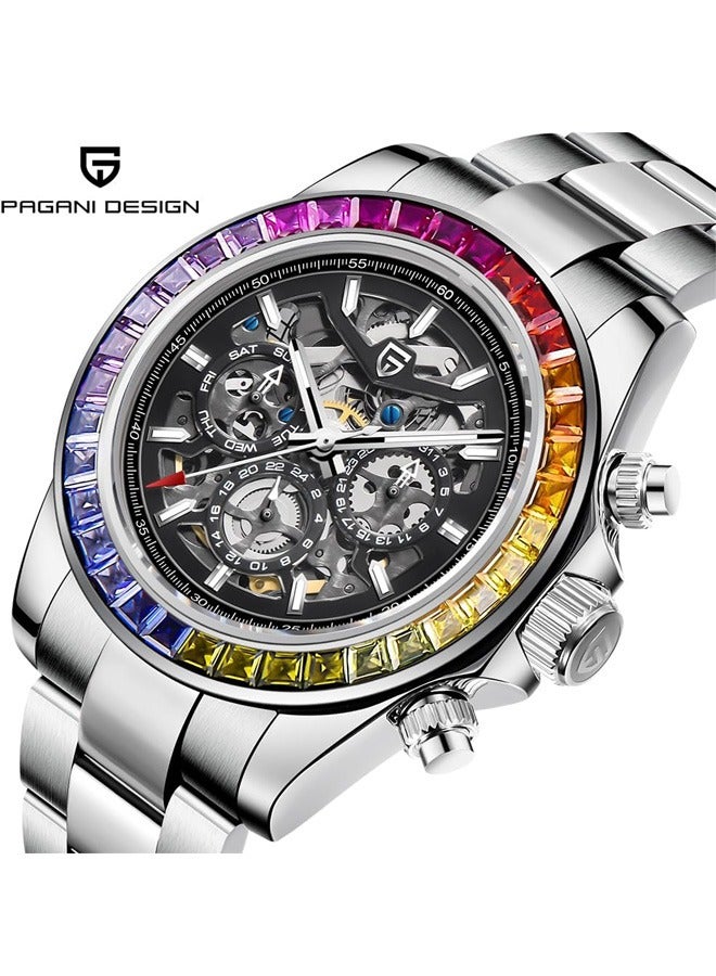 Men's Automatic Mechanical Watches, Multifunctional Mechanical 40MM Skeleton, Rainbow Stainless Steel Bezel, Sapphire Glass Dial, Stainless Steel Strap, Luminous PD1777