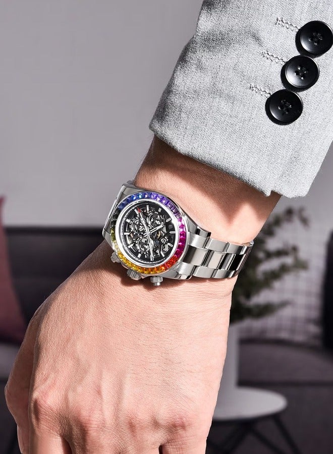 Men's Automatic Mechanical Watches, Multifunctional Mechanical 40MM Skeleton, Rainbow Stainless Steel Bezel, Sapphire Glass Dial, Stainless Steel Strap, Luminous PD1777