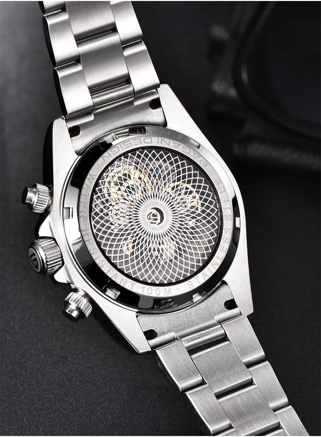 Men's Automatic Mechanical Watches, Multifunctional Mechanical 40MM Skeleton, Rainbow Stainless Steel Bezel, Sapphire Glass Dial, Stainless Steel Strap, Luminous PD1777