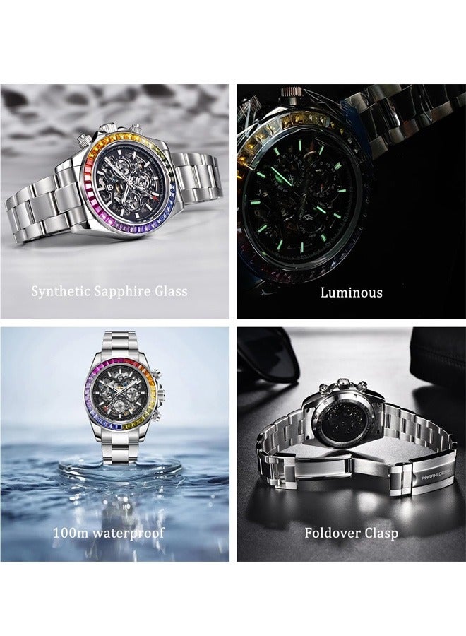 Men's Automatic Mechanical Watches, Multifunctional Mechanical 40MM Skeleton, Rainbow Stainless Steel Bezel, Sapphire Glass Dial, Stainless Steel Strap, Luminous PD1777