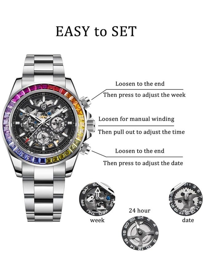 Men's Automatic Mechanical Watches, Multifunctional Mechanical 40MM Skeleton, Rainbow Stainless Steel Bezel, Sapphire Glass Dial, Stainless Steel Strap, Luminous PD1777