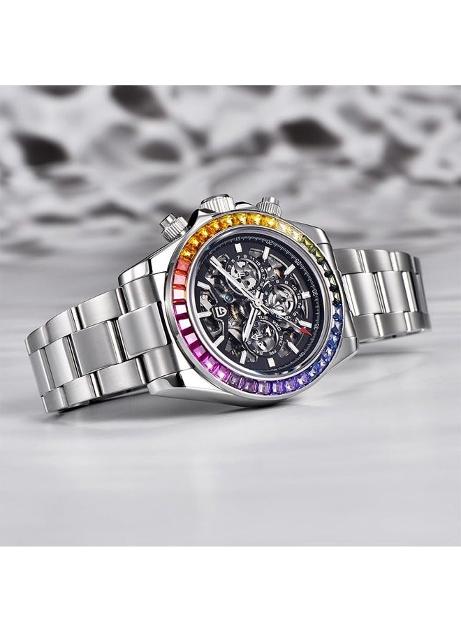 Men's Automatic Mechanical Watches, Multifunctional Mechanical 40MM Skeleton, Rainbow Stainless Steel Bezel, Sapphire Glass Dial, Stainless Steel Strap, Luminous PD1777