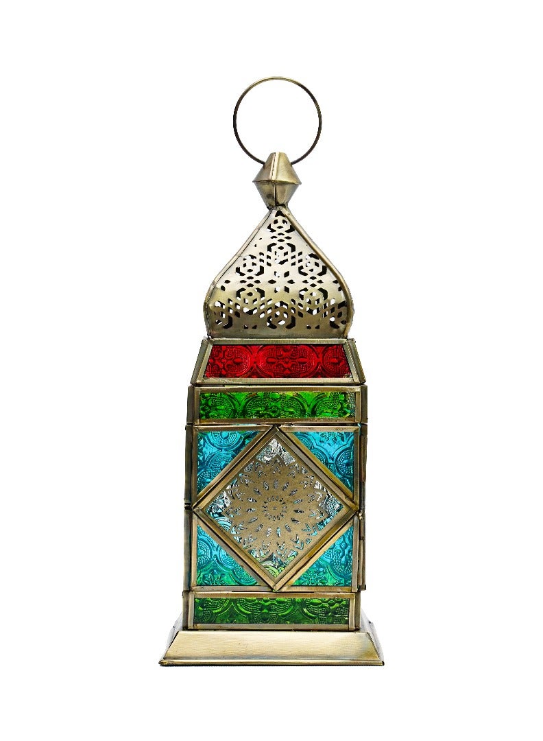 HilalFul Cairo Brass Antique Multicolored Glass Decorative Candle Holder Lantern | Home Decor in Eid, Ramadan, Wedding | Living Room, Bedroom, Indoor, Outdoor Decoration | Islamic Themed | Moroccan