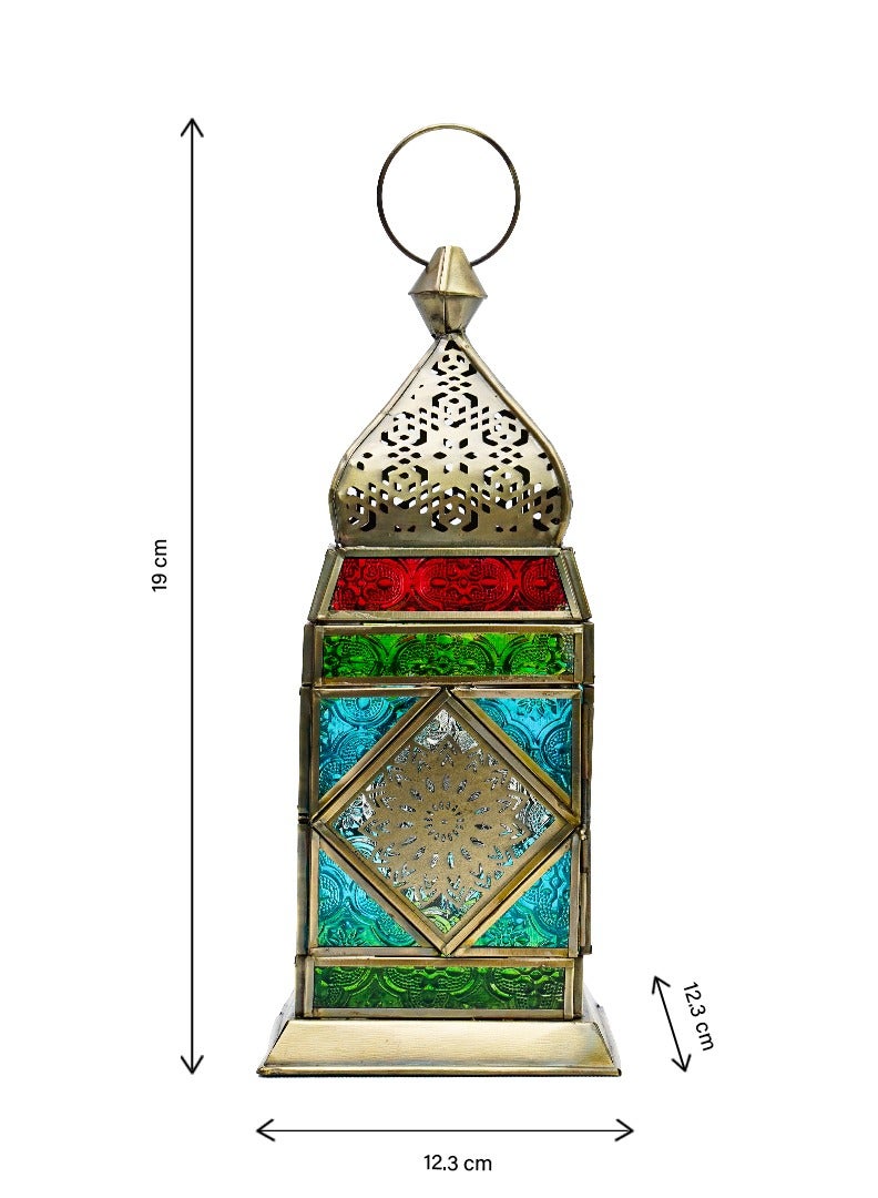 HilalFul Cairo Brass Antique Multicolored Glass Decorative Candle Holder Lantern | Home Decor in Eid, Ramadan, Wedding | Living Room, Bedroom, Indoor, Outdoor Decoration | Islamic Themed | Moroccan