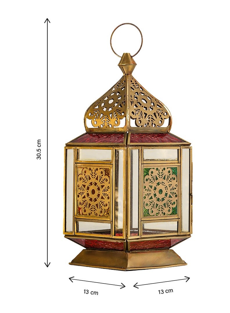 HilalFul Vintage Brass Antique Red, Green And Clear Glass Decorative Candle Holder Lantern | For Home Decor in Eid, Ramadan, Wedding | Living Room, Bedroom, Indoor, Outdoor Decoration | Moroccan