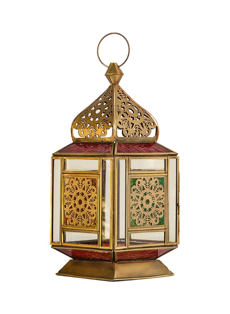 HilalFul Vintage Brass Antique Red, Green And Clear Glass Decorative Candle Holder Lantern | For Home Decor in Eid, Ramadan, Wedding | Living Room, Bedroom, Indoor, Outdoor Decoration | Moroccan