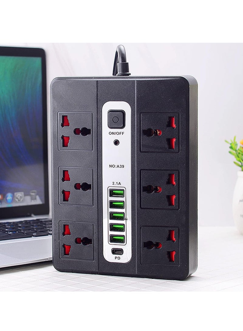 Power Strip Surge Protector with USB- Extension Cord Flat Plug with Widely 6 AC Outlet and 5 USB + 1 Type C, Small Desktop Station with 6 ft Power Cord, Compact Socket (GK-A39-BLK)