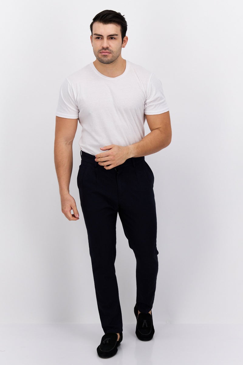 Men Regular Fit Plain Chino Pants, Navy Blue