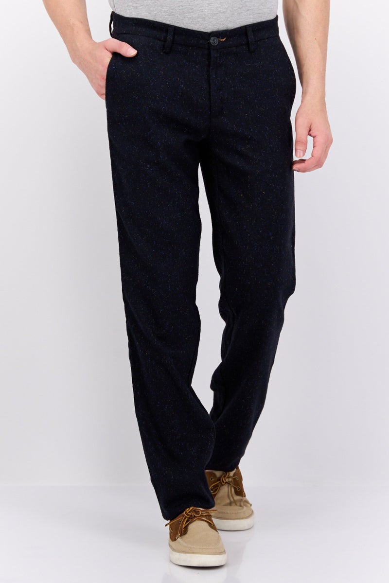 Men Regular Fit Textured Plain Chino Pants, Navy Blue