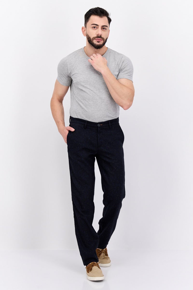 Men Regular Fit Textured Plain Chino Pants, Navy Blue