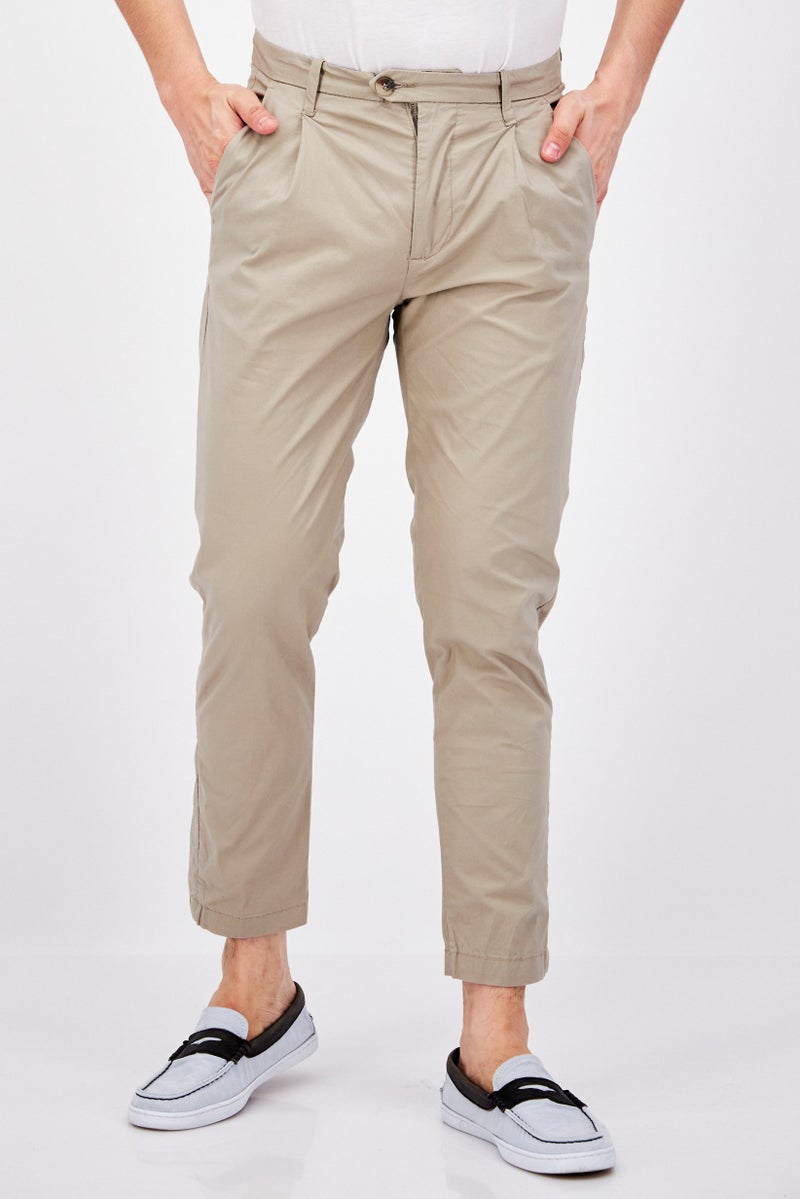 Men Regular Fit Plain Chino Pants, Beige