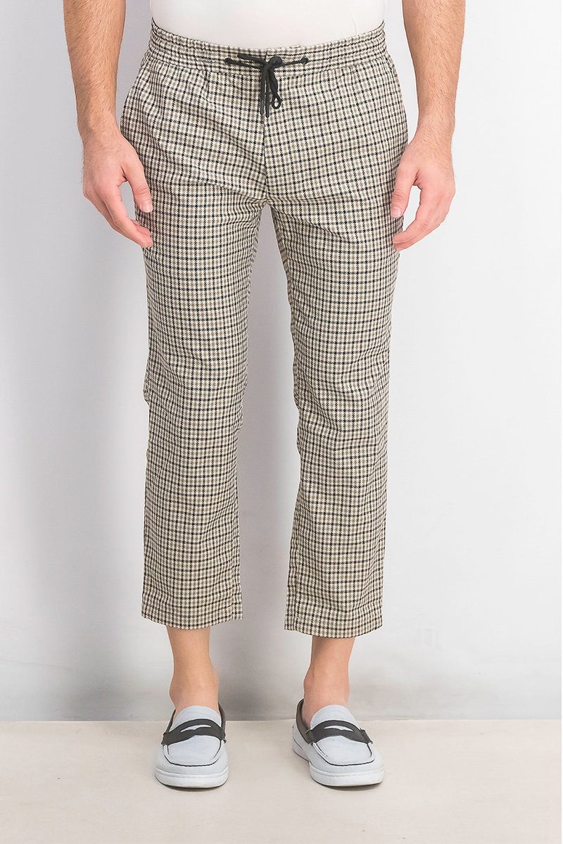 Men Regular Fit Houndstooth Printed Drawstring Pant, Stone