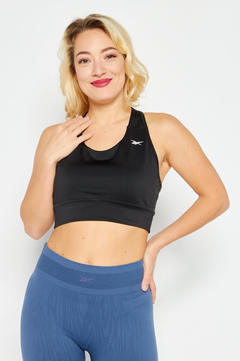 Women Non-Padded Brand Logo Sports Bra, Black