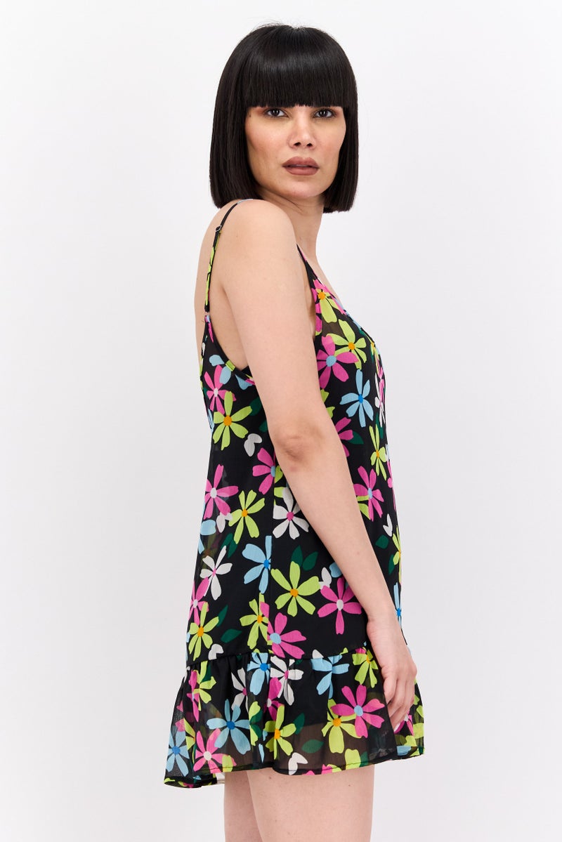 Women Floral Print Beachwear Dress, Black Combo