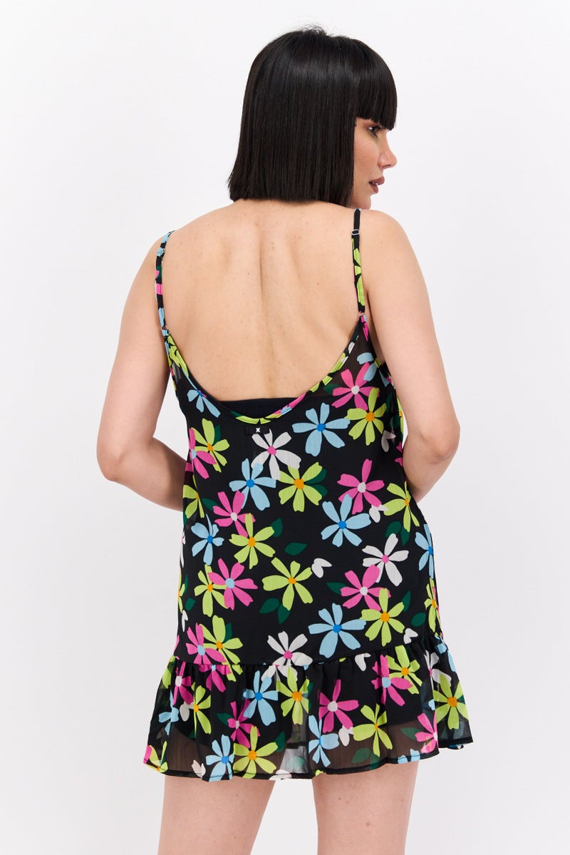 Women Floral Print Beachwear Dress, Black Combo