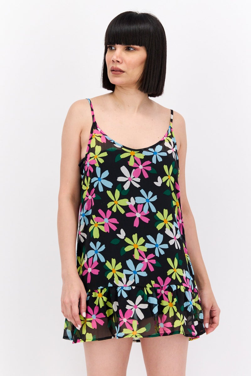 Women Floral Print Beachwear Dress, Black Combo