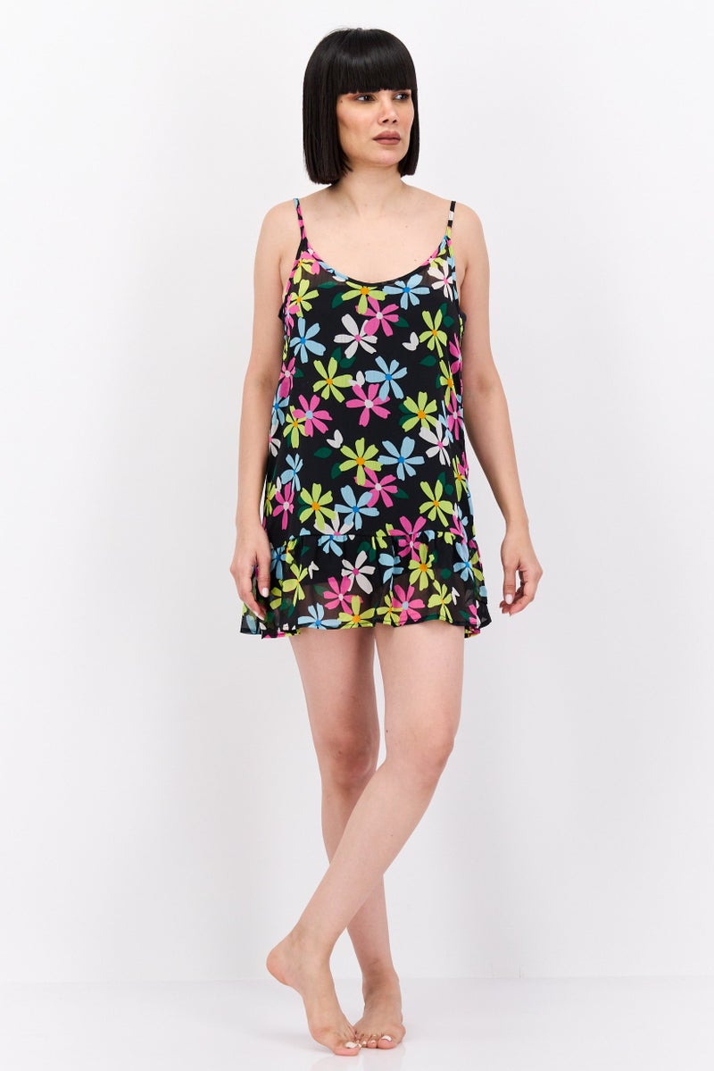 Women Floral Print Beachwear Dress, Black Combo