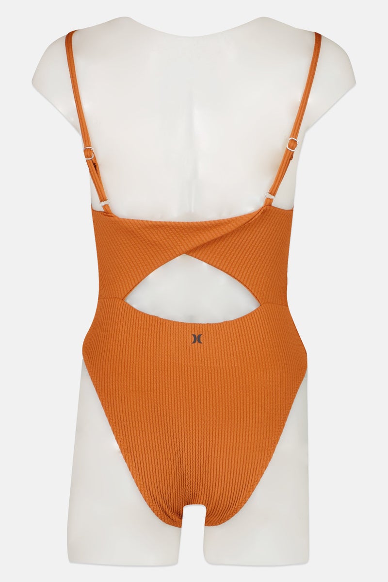 Women Textured Twisted Back One Piece, Brown