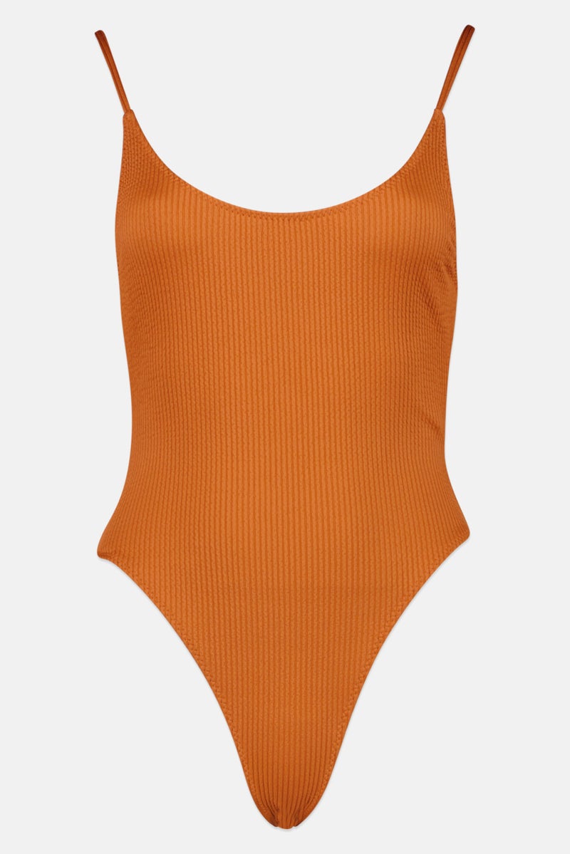 Women Textured Twisted Back One Piece, Brown