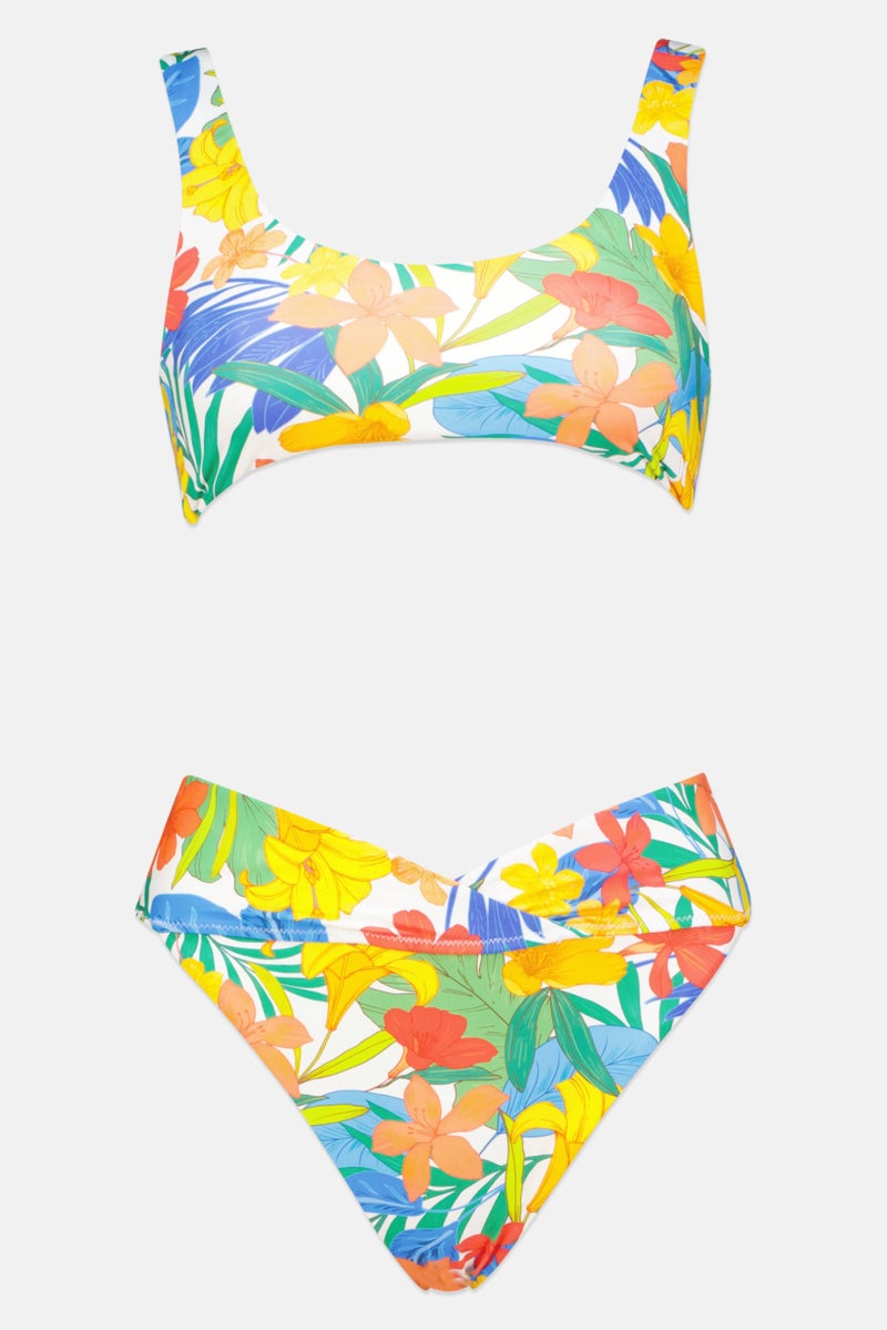 Women Floral Print Top and Bottom Bikini Set, Green Combo